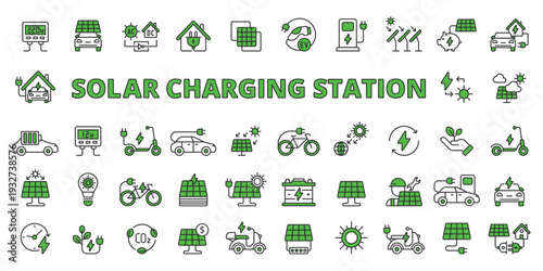 Solar Charging Station icons green in line design. charging station, panel, EV charging, electric vehicle, battery charging on white background vector. Solar Charging Station editable stroke icons