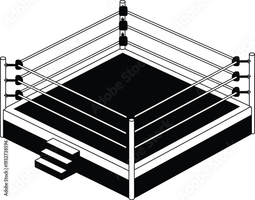 A black and white isometric illustration of a professional wrestling ring with ropes and a mat