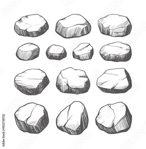 Black and white of various sized smooth river stones rock pebble