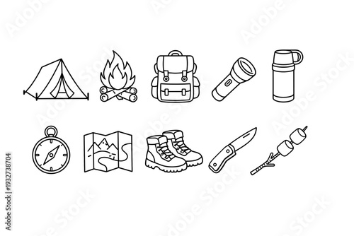 Camping and hiking icon set: outdoor, backpacking, adventure symbols, outline style