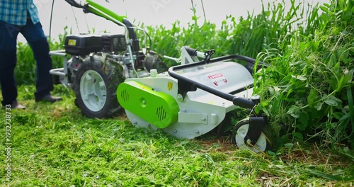 Farmer tilling cover crops soil for healthy organic compost, mulching plants in greenhouse, worker mowing lawn mower shredder on green grass