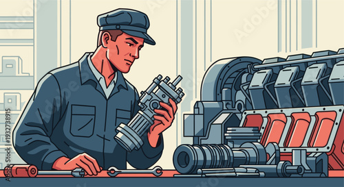 A mechanic wearing a cap and blue shirt examines an engine component closely, working in a repair shop surrounded by tools and engine parts. Illustration style.