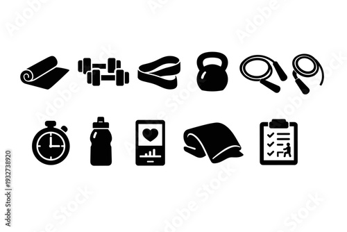 Fitness, exercise silhouette icon set. Workout, gym essentials in a sleek silhouette style