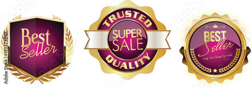 Three gold and purple badges for best sellers and super sale quality