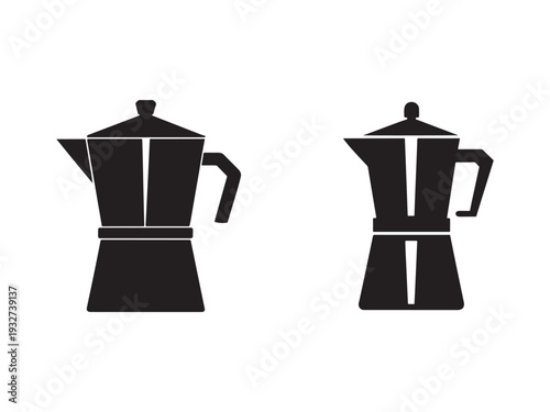 Simple black silhouettes of two coffee makers on white background  household kitchen items  coffee brewing equipment