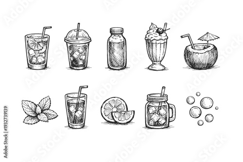 Beverage, drink sketch icon set. Vintage, refreshing drinks outline collection