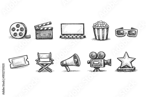 Cinema and entertainment icon set. Hand-drawn sketch style movie icons collection