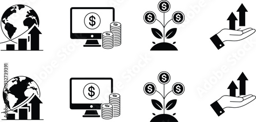 Financial growth and investment icon set isolated on white background featuring global business profit money plant and revenue increase symbols vector illustration