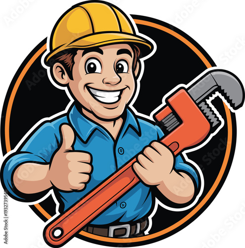 Cartoon construction worker illustration, smiling handyman, yellow hard hat, blue shirt, red wrench, thumbs up gesture, plumbing repair icon, friendly tradesman art