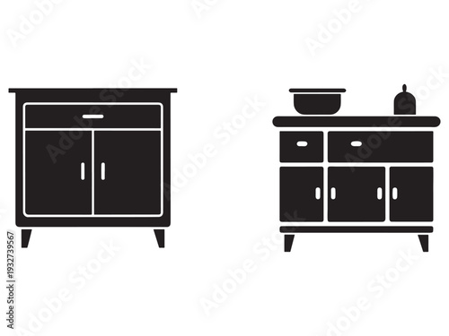 Simple kitchen cabinet and buffet icons with doors and drawers for home and interior design