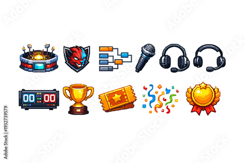 Esports, gaming icon set. Trophies, tournaments, gaming equipment pixel art collection