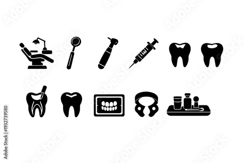 Dental and oral care silhouette icon set. Health, hygiene tools silhouette collection