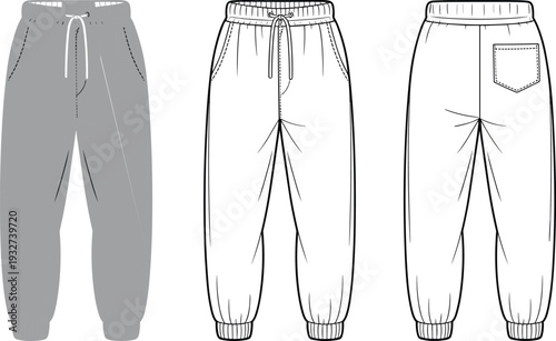 Three different styles of gray sweatpants with drawstrings and pockets casual 1