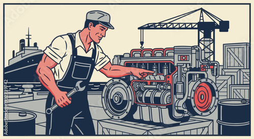 Retro style illustration of a mechanic holding a wrench while inspecting a large engine at a dockyard with ship, crane, and oil drums.