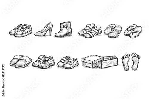 Footwear, shoes outline icon set. Sneakers, sandals, boots, slippers line collection