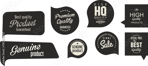 A collection of black and white labels and badges