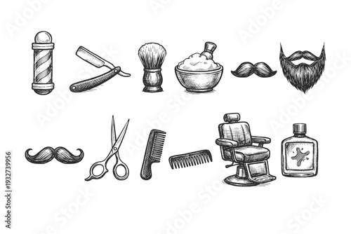 Barber shop line icon set. Vintage grooming and shaving icons for barbershops