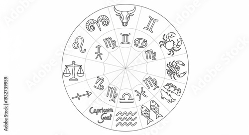 Astrological Zodiac Wheel Depicting Celestial Signs and Cosmic Symbols.