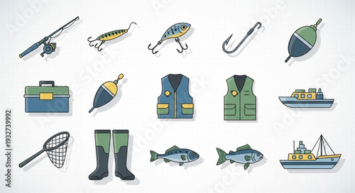 Collection of fishing equipment and accessories for recreational angling.