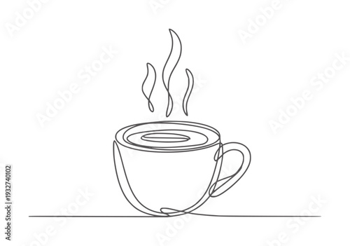 Minimalist continuous line of a steaming coffee cup drink beverage
