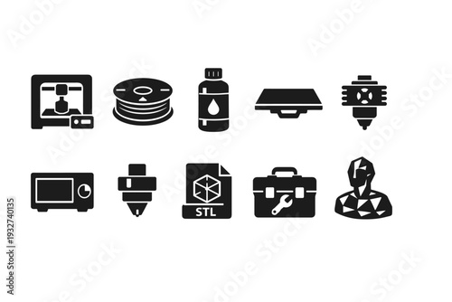 3D printing solid icon set. 3D printer, filament, nozzle, part, engineering icons.