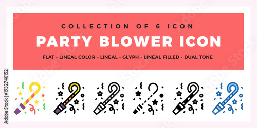 Party Blower Icons. Collection of 6 Flat. Lineal. Glyph. and Dual-Tone Icons