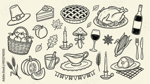 Thanksgiving harvest icon collection in hand-drawn line art style, pilgrim hat, pumpkin, turkey, pie, and candle