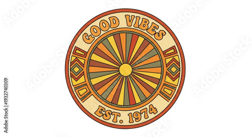 Circular logo with good vibes and retro design elements, established in 1974.