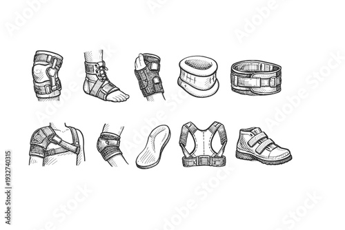 Orthopedic support outline icon set: braces, footwear, and orthotics illustration
