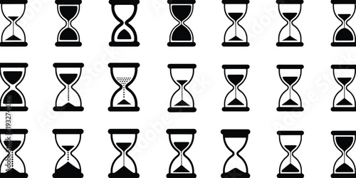 Hourglass timer silhouette icon collection isolated on white background featuring sand clock countdown symbols black vector illustration for time management concept