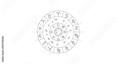 Astrological Zodiac Wheel Depiction - A Detailed Circular Diagram of Celestial Symbols.