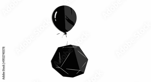 A solitary black balloon floats above a dark geometric shape, creating a stark minimalist composition.