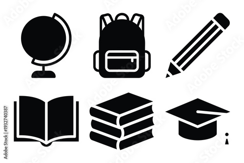 School and Education Set: Globe, Backpack, Pencil, Open Book, Stack of Books, Graduation Cap.