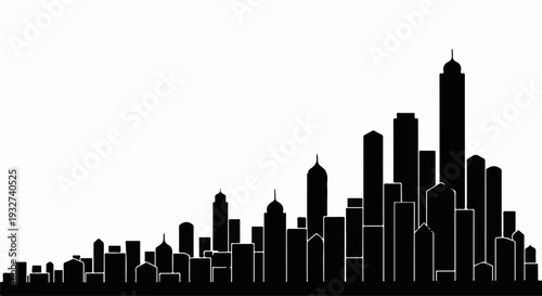 Modern city skyline silhouette with diverse building heights against a white background