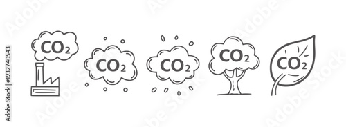 Simple black and white line of C O2 emissions and absorption carbon dioxide
