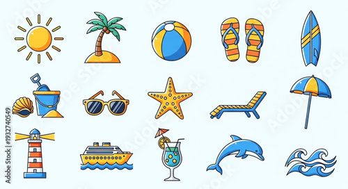 Collection of summer beach vacation related items and objects on a light background.