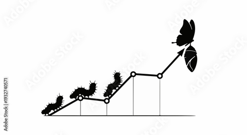 Caterpillars transform into butterfly, ascending a growth chart symbolizing progress and success