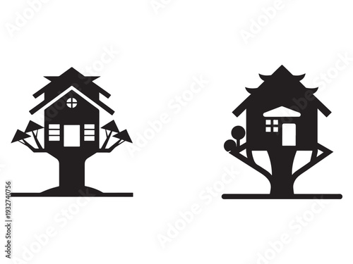 Treehouse silhouettes on trees with roofs and windows  tree houses  simple designs