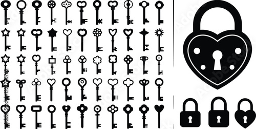 Silhouette collection of decorative keys and padlocks including heart lock, ornate designs, security access symbol, vintage style vector illustration