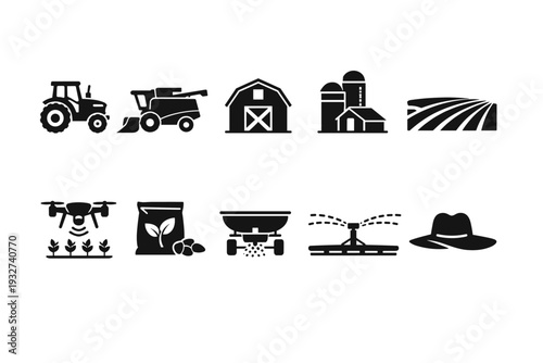 Agriculture, farming silhouette icon set. Farm equipment, harvest tools silhouette collection