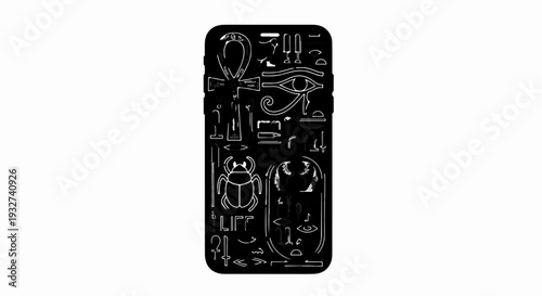Modern smartphone adorned with ancient Egyptian hieroglyphs, symbolizing technology and history.