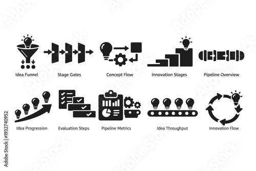 Innovation and development silhouette icon set for pipeline planning and metrics
