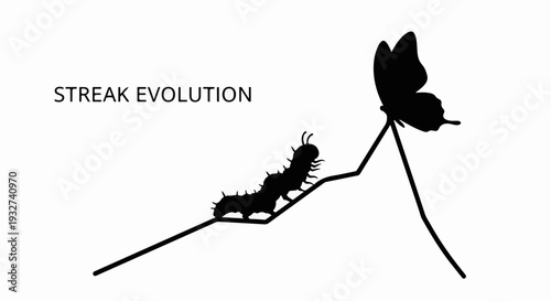 Caterpillar transforming into a butterfly symbolizing growth and metamorphosis on a mountain peak.