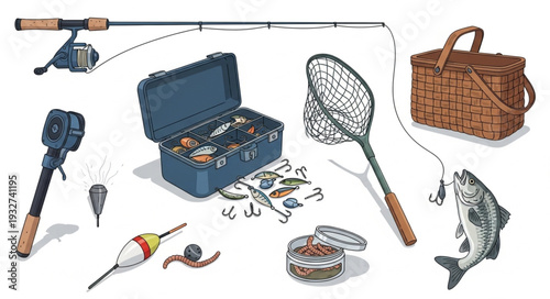 Fishing gear assortment - rods, tackle box, net, and accessories for angling.