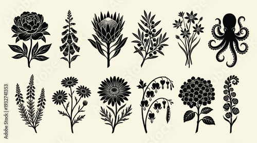 Floral and marine silhouettes icon set in bold black outline style, peony, protea, foxglove, octopus, and hydrangea