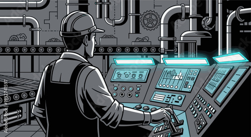 Back view of a worker in safety helmet operating machinery from a control panel in a factory with conveyer belts and pipes, creating a scene of industrial automation.