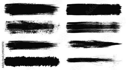 Brush stroke icons, varied collection, black ink silhouettes, horizontal sweeps, vertical streaks, textured smudges, angled slashes, and splattered drips