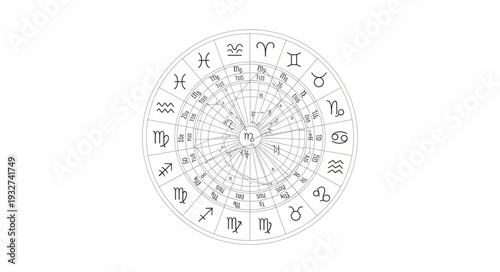 Intricate circular illustration of astrological symbols and zodiac signs on white background.