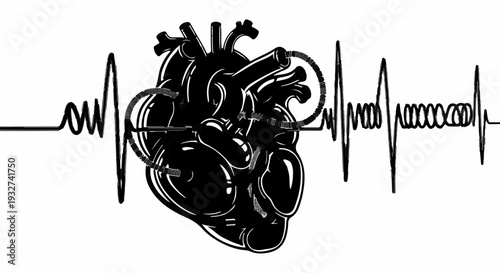 Vibrant heartbeat graphic intertwined with a stylized anatomical heart illustration