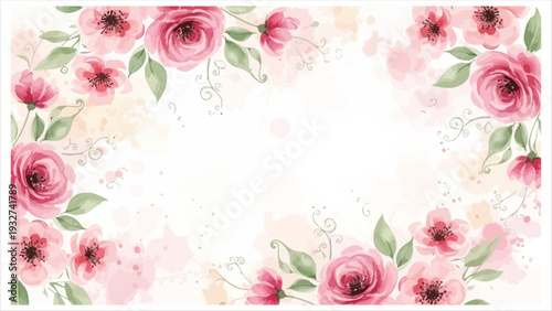 Beautiful Watercolor Pink Roses and Cherry Blossoms Border with Green Leaves, Delicate Swirls, and Soft Splashes of Color